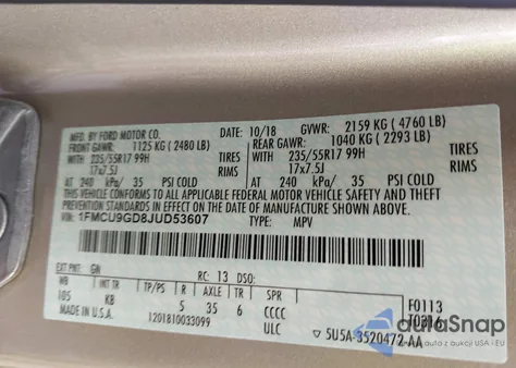 2018 Ford Escape Se z USA, uszkodzony, nr VIN 1FMCU9GD8JUD53607